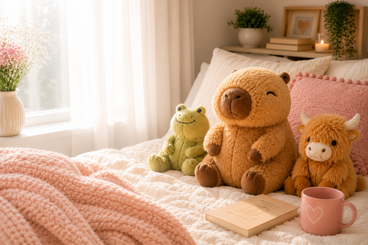 Capybara, frog and highland cow plushies in a cozy bedroom